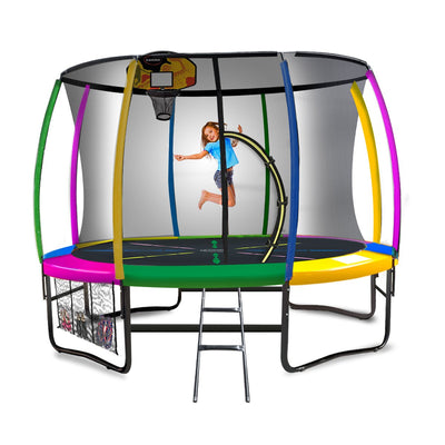 Kahuna 10ft Outdoor Trampoline Kids Children With Safety Enclosure Pad Mat Ladder Basketball Hoop Set - Rainbow Payday Deals