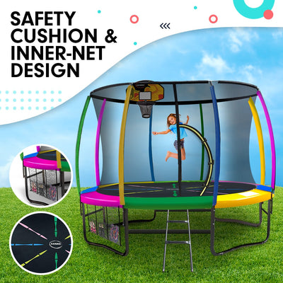Kahuna 10ft Outdoor Trampoline Kids Children With Safety Enclosure Pad Mat Ladder Basketball Hoop Set - Rainbow Payday Deals