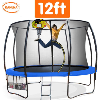 Kahuna 12ft Outdoor Trampoline Kids Children With Safety Enclosure Pad Mat Ladder Basketball Hoop Set - Blue Payday Deals