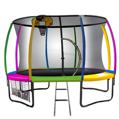 Kahuna 12ft Outdoor Trampoline Kids Children With Safety Enclosure Pad Mat Ladder Basketball Hoop Set - Rainbow Payday Deals