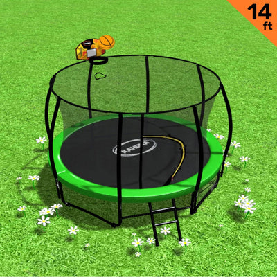 Kahuna 14ft Outdoor Trampoline Kids Children With Safety Enclosure Pad Mat Ladder Basketball Hoop Set - Green Payday Deals