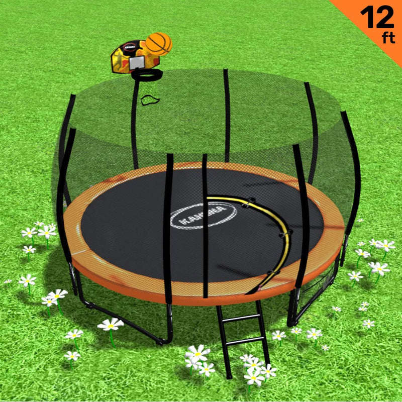 Kahuna Twister 12ft Springless Trampoline Outdoor Mat Pad Net Ladder with Basketball Set Payday Deals