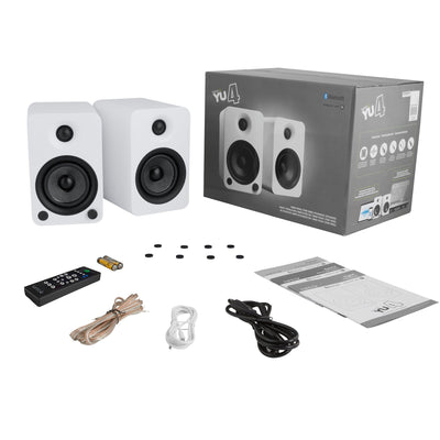 Kanto YU4 140W Powered Bookshelf Speakers with Bluetooth and Phono Preamp - Pair, Matte White with SE4W White Stand Bundle Payday Deals