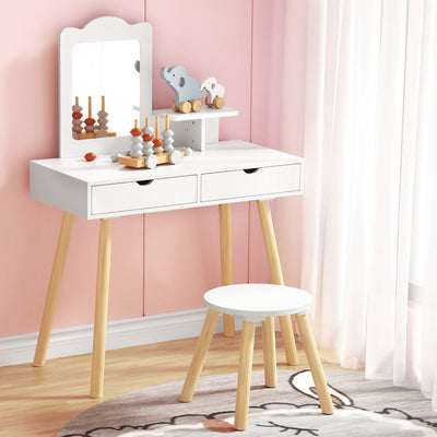 Keezi Kids Dressing Table Vanity Makeup Chair Set with Mirror Drawers Wooden Legs Payday Deals