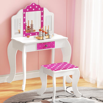 Keezi Kids Dressing Table Vanity Makeup Chair Set Wooden 3 Mirror Drawer Pink Payday Deals