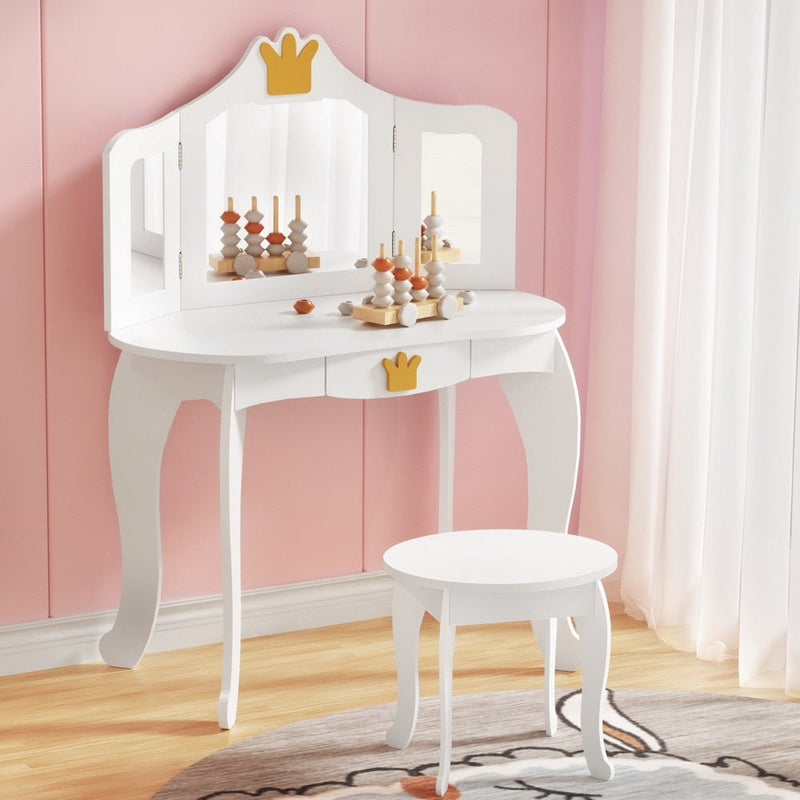 Keezi Kids Dressing Table Vanity Makeup Chair Set Wooden 3 Mirror Drawer White Payday Deals