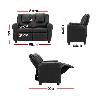 Keezi Kids Recliner Chair Double PU Leather Sofa Lounge Couch Armchair Black Payday Deals