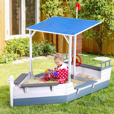 Keezi Kids Sandpit Wooden Box Boat Canopy Flag Outdoor Toys Children Blue Payday Deals