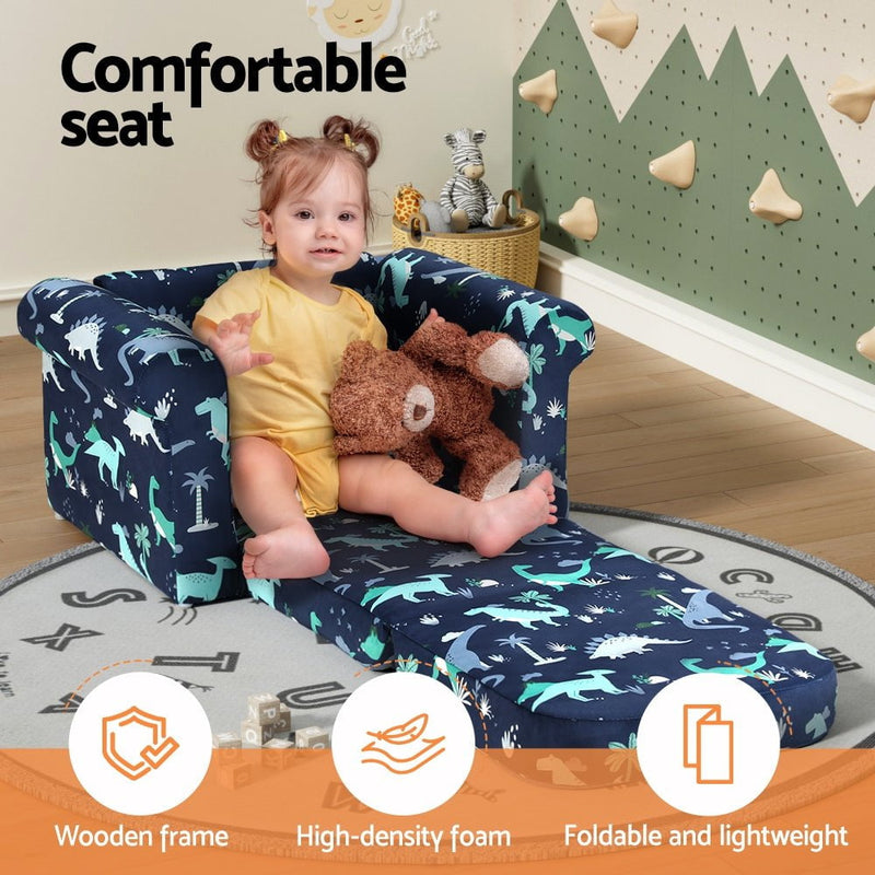 Keezi Kids Sofa 2 Seater Children Flip Open Couch Lounger Armchair Dinosaur Navy Payday Deals