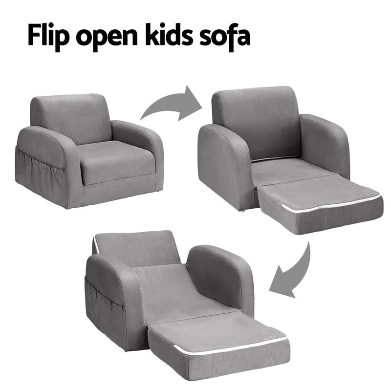 Keezi Kids Sofa 2 Seater Children Flip Open Couch Lounger Armchair Soft Grey Payday Deals