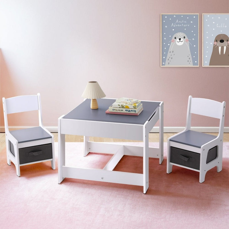 Keezi Kids Table and Chairs Set Play Activity Toys Storage Chalkboard Desk Grey Payday Deals