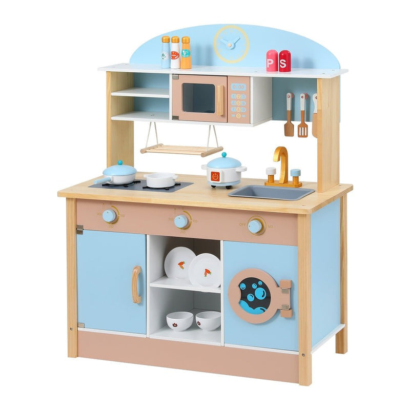 Keezi Kids Wooden Pretend Kitchen Play Sets Cooking Toys Pot Pan Bowls Oven Dishwasher 80CM Blue Payday Deals