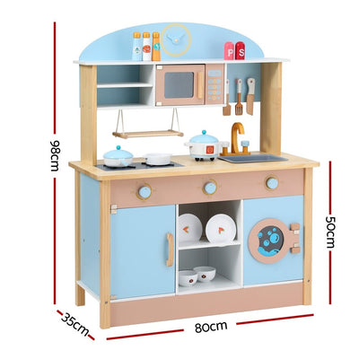 Keezi Kids Wooden Pretend Kitchen Play Sets Cooking Toys Pot Pan Bowls Oven Dishwasher 80CM Blue Payday Deals