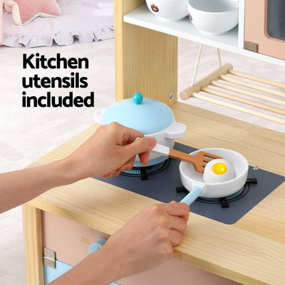 Keezi Kids Wooden Pretend Kitchen Play Sets Cooking Toys Pot Pan Bowls Oven Dishwasher 80CM Blue Payday Deals