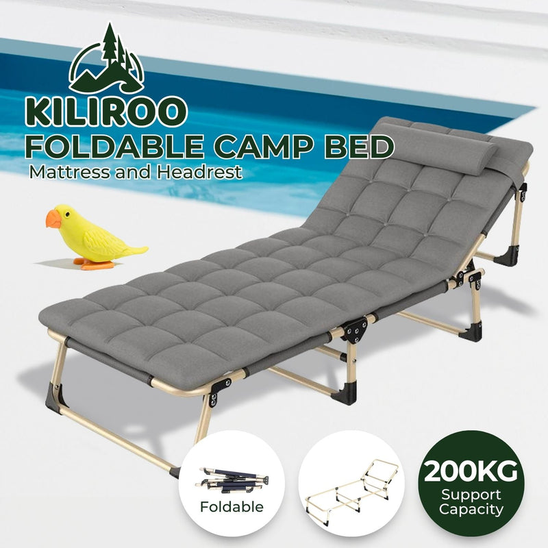 KILIROO Adjustable Portable Folding Bed with Mattress and Headrest (Grey) KR-FBM-100-KX Payday Deals