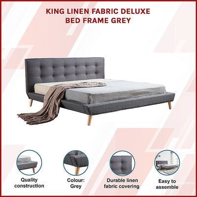 King Linen Fabric Deluxe Bed Frame Grey Payday Deals