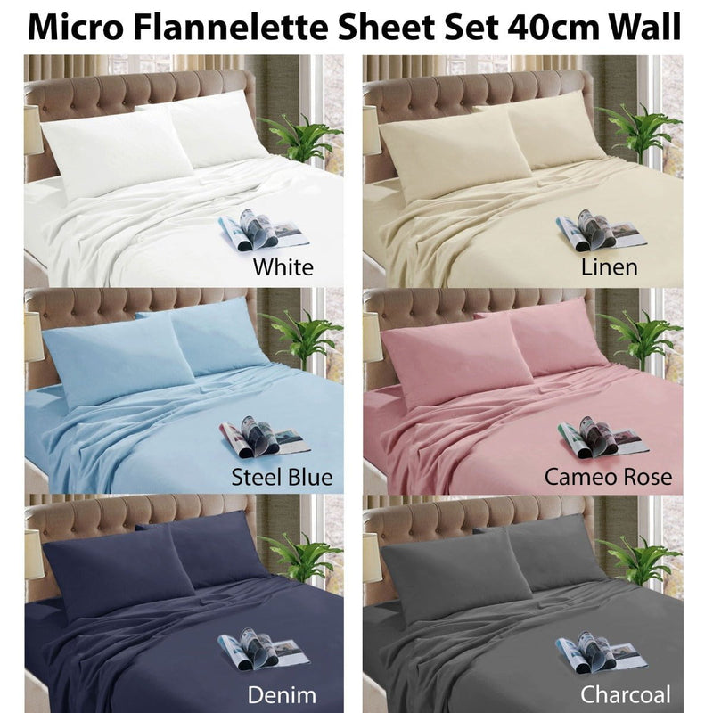 Kingtex Micro Flannelette Sheet Set 40 cm Wall Denim Queen Payday Deals