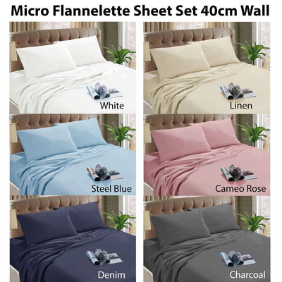 Kingtex Micro Flannelette Sheet Set 40 cm Wall White Queen Payday Deals