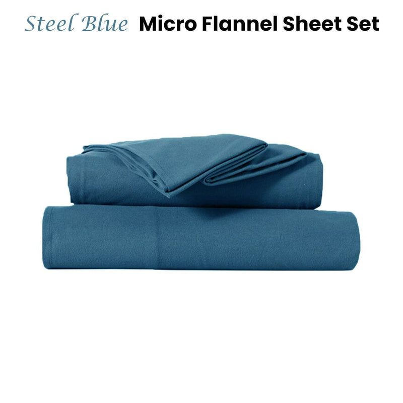 Kingtex Ultra-Soft Micro Flannel Sheet Set 40 cm Wall Steel Blue King Single Payday Deals