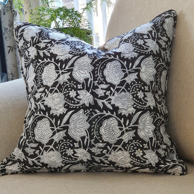 Kolka Black Floral Lounge Decorative Cushion Soft Cotton Cover - Black Payday Deals