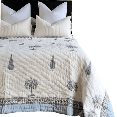 Kolka Palm & Pine Reversible Quilt 100% Cotton Blue - King Size