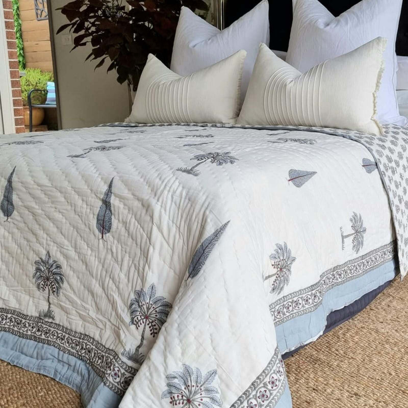 Kolka Palm & Pine Reversible Quilt 100% Cotton Blue - King Size Payday Deals