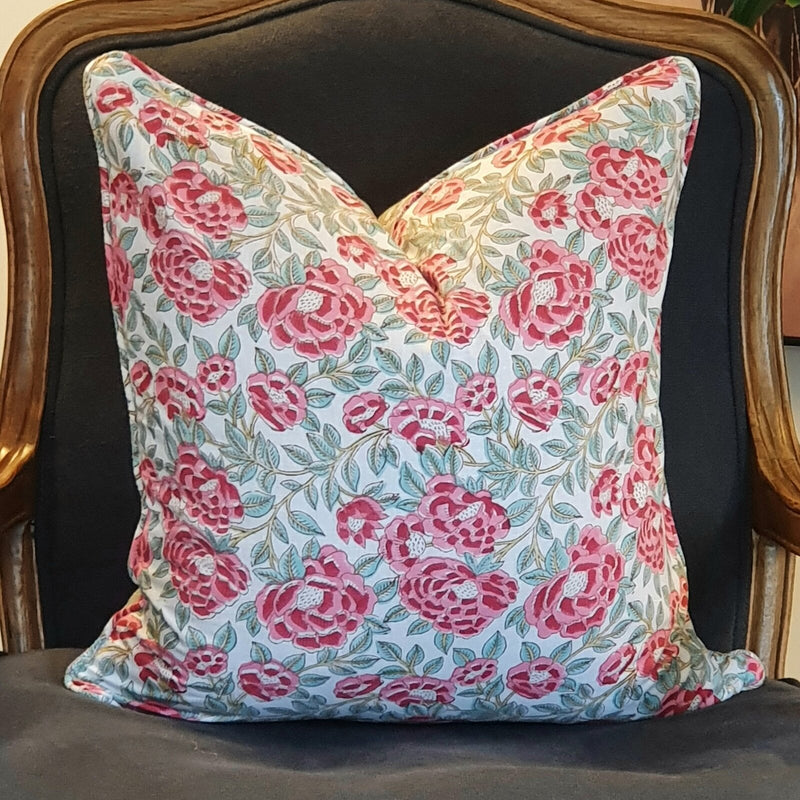 Kolka Peonies Soft Cotton Voile Decorative Hand Block-Printed Cushion - Ruby Payday Deals