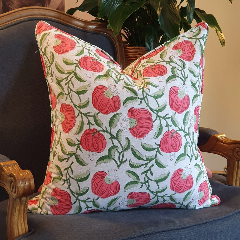 Kolka Pomegranate Soft Cotton Voile Decorative Hand Block-Printed Cushion - Ruby Payday Deals