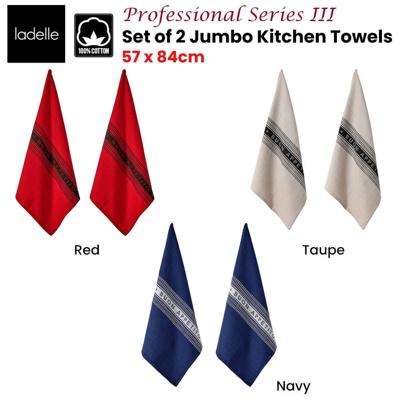 Ladelle Set of 2 Professional Series III Jumbo Cotton Kitchen Towels 57 x 84 cm Taupe Payday Deals