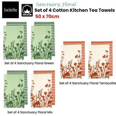 Ladelle Set of 4 Sanctuary Floral Cotton Kitchen Tea Towels 50 x 70 cm Terracotta Payday Deals