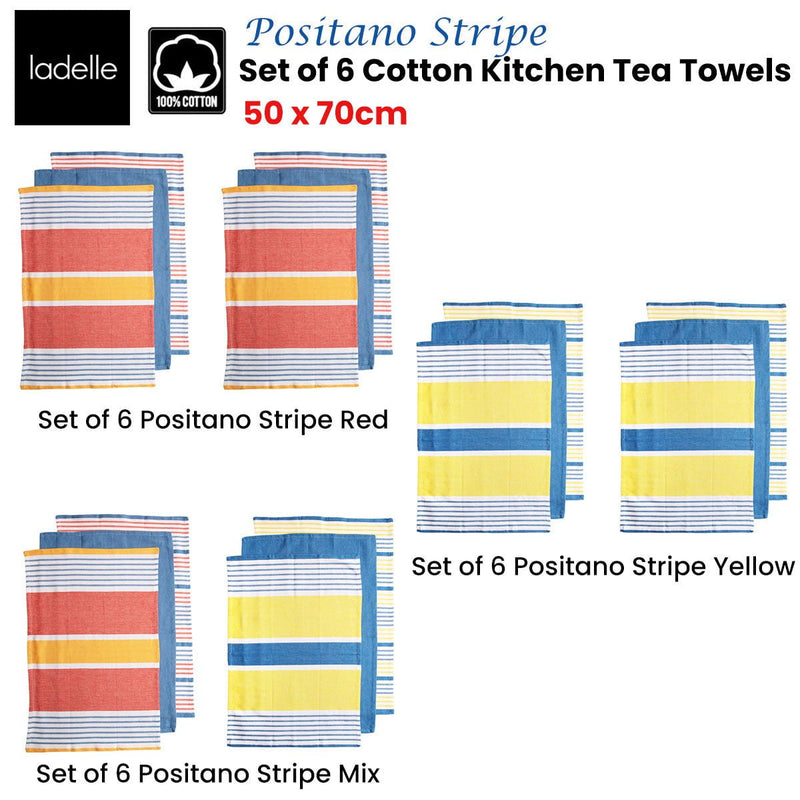 Ladelle Set of 6 Positano Stripe Cotton Kitchen Tea Towels 50 x 70 cm Red Payday Deals