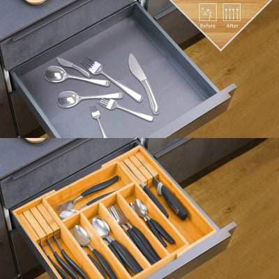 Large Capacity Bamboo Expandable Drawer Organizer with Knife Block Holder for Home Kitchen Utensils Payday Deals