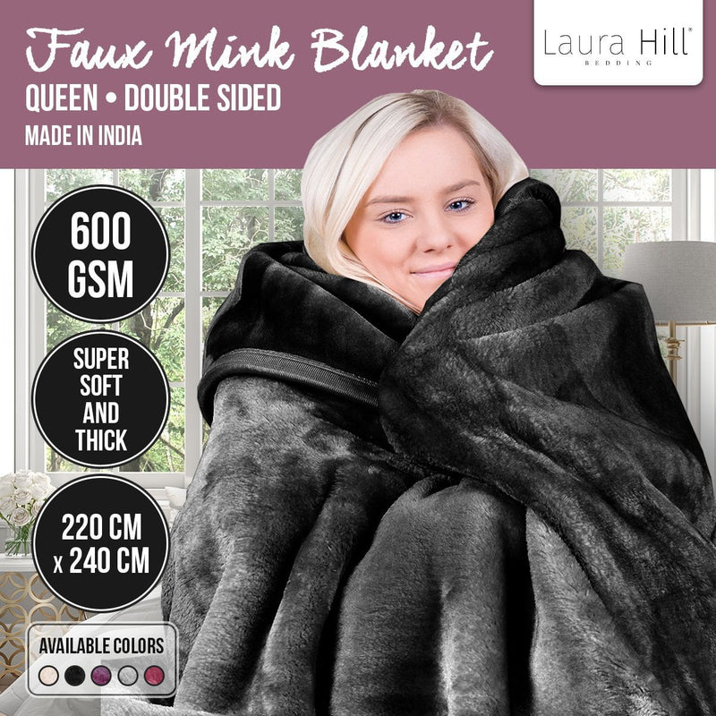 Laura Hill 600GSM Faux Mink Blanket Double-Sided Queen Size - Black Payday Deals