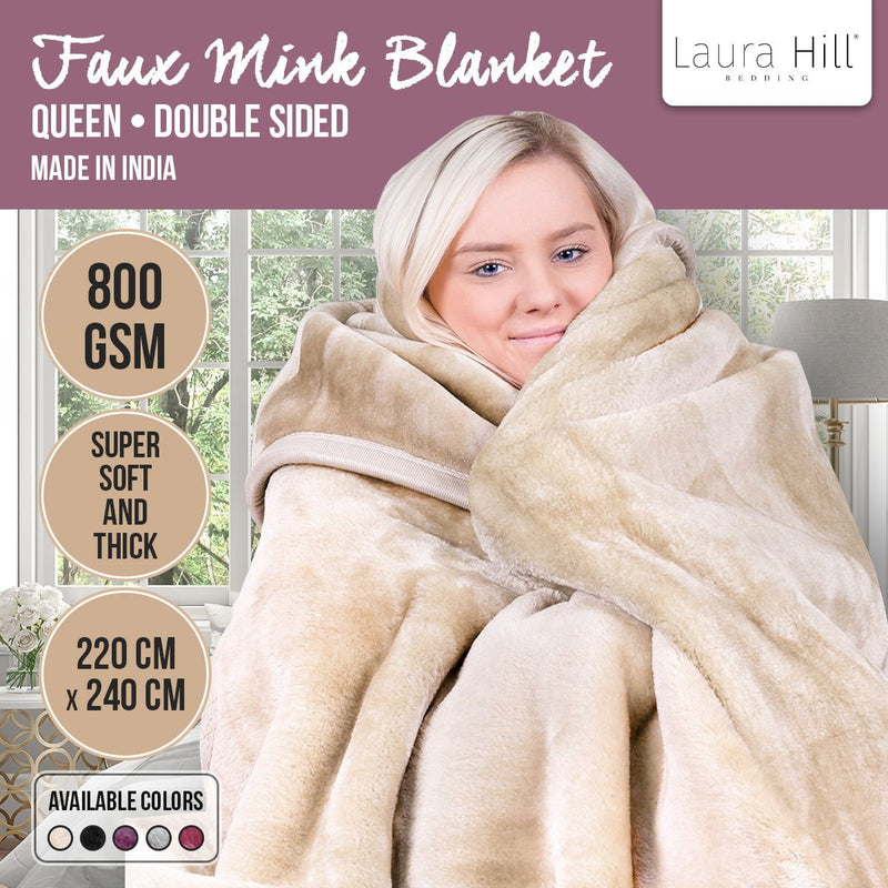 Laura Hill 800-gsm Faux Mink Throw Rug Blanket Queen Size Double-sided Large 220 X 240cm Heavy - Cream Payday Deals