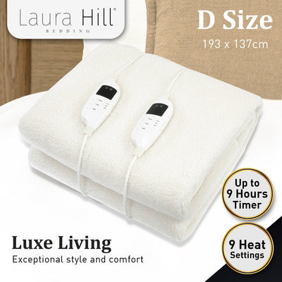 Laura Hill Heated Electric Blanket Double Size Fitted Fleece Underlay Winter Throw - White Payday Deals