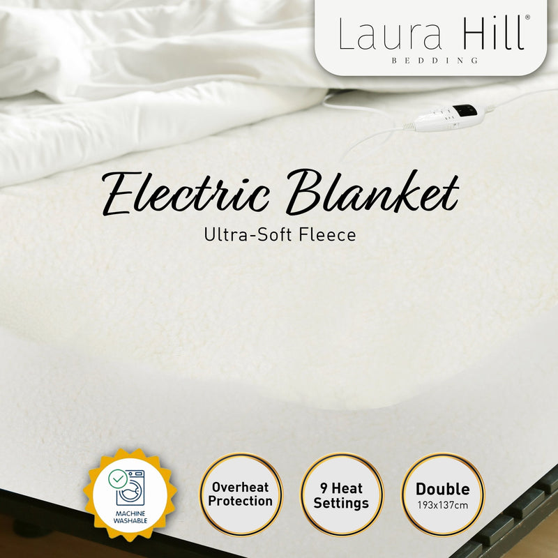 Laura Hill Heated Electric Blanket Double Size Fitted Fleece Underlay Winter Throw - White Payday Deals