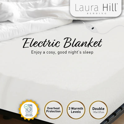 Laura Hill Heated Electric Blanket Double Size Fitted Polyester Underlay Winter Throw - White Payday Deals