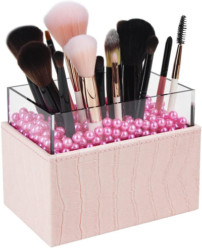 Leather Makeup Brush Cosmetic Organiser Storage Box with Pink Pearls and Acrylic Cover (Pink) Payday Deals