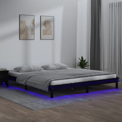 LED Bed Frame Black 137x187 cm Double Size Solid Wood Payday Deals