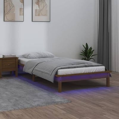 LED Bed Frame Honey Brown 92x187 cm Single Bed Size Solid Wood Payday Deals