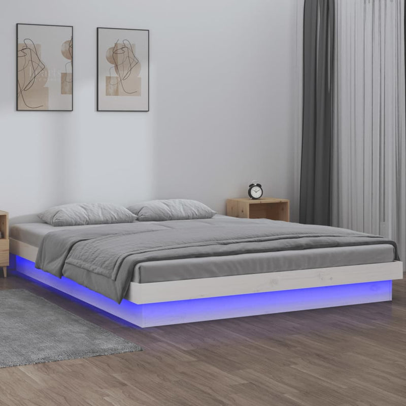 LED Bed Frame White 137x187 cm Double Size Solid Wood Payday Deals