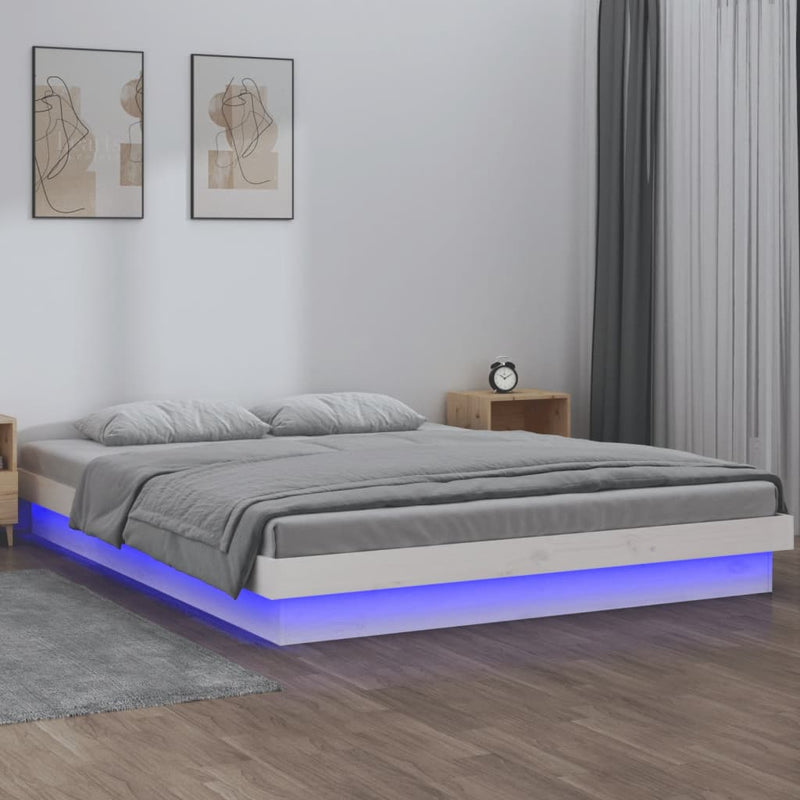 LED Bed Frame White 153x203 cm Queen Size Solid Wood Payday Deals