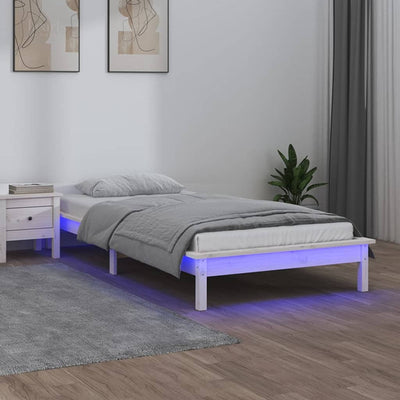 LED Bed Frame White 92x187 cm Single Bed Size Solid Wood