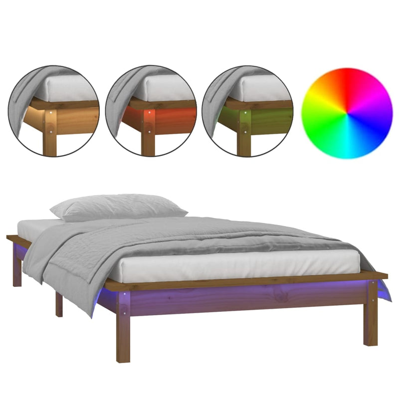 LED Bed Frame without Mattress Honey Brown 90x190 cm Solid Wood Payday Deals