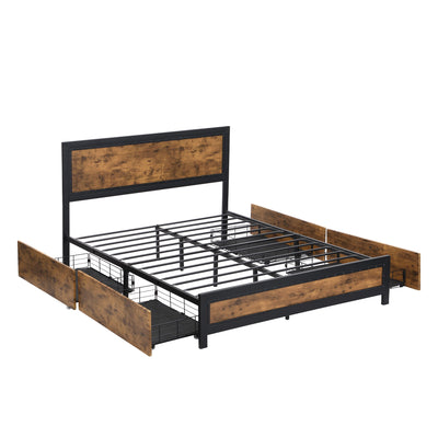 Levede Metal Bed Frame Double Mattress Base Platform Wooden 4 Drawers Rustic Payday Deals
