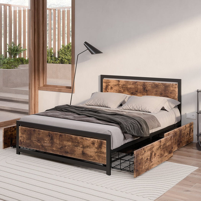 Levede Metal Bed Frame Queen Mattress Base Platform Wooden 4 Drawers Industrial Payday Deals