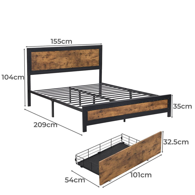 Levede Metal Bed Frame Queen Mattress Base Platform Wooden 4 Drawers Rustic Payday Deals