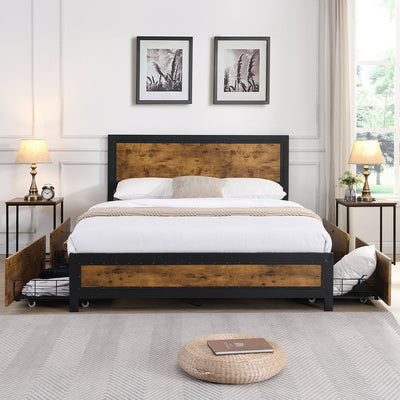 Levede Metal Bed Frame Queen Mattress Base Platform Wooden 4 Drawers Rustic Payday Deals