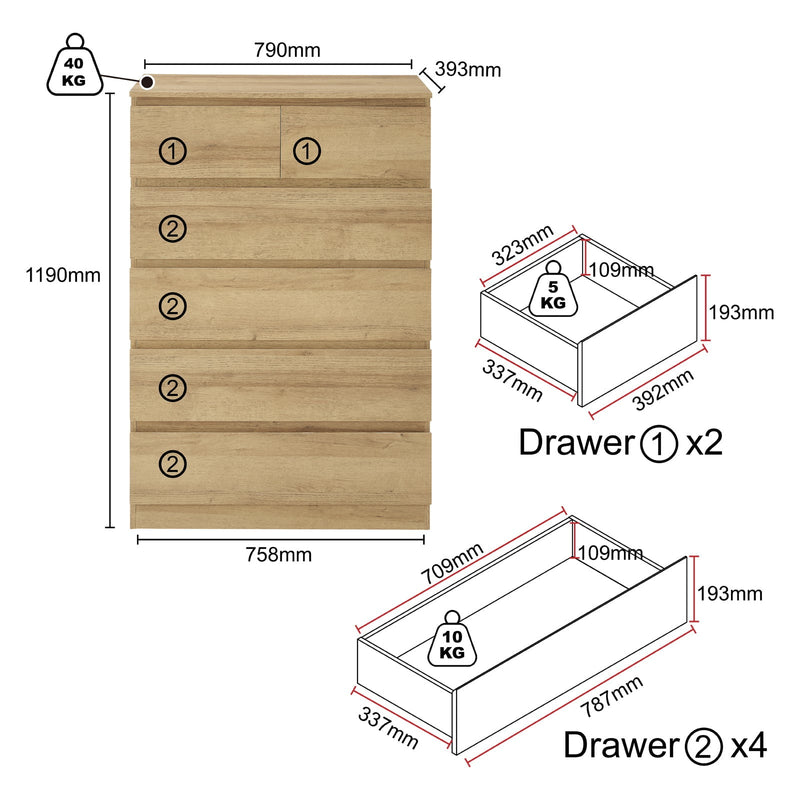 Light Oak 6 Drawers Chest of Drawers Tallboy Dresser Stylish & Space-Saving Storage Solution Payday Deals