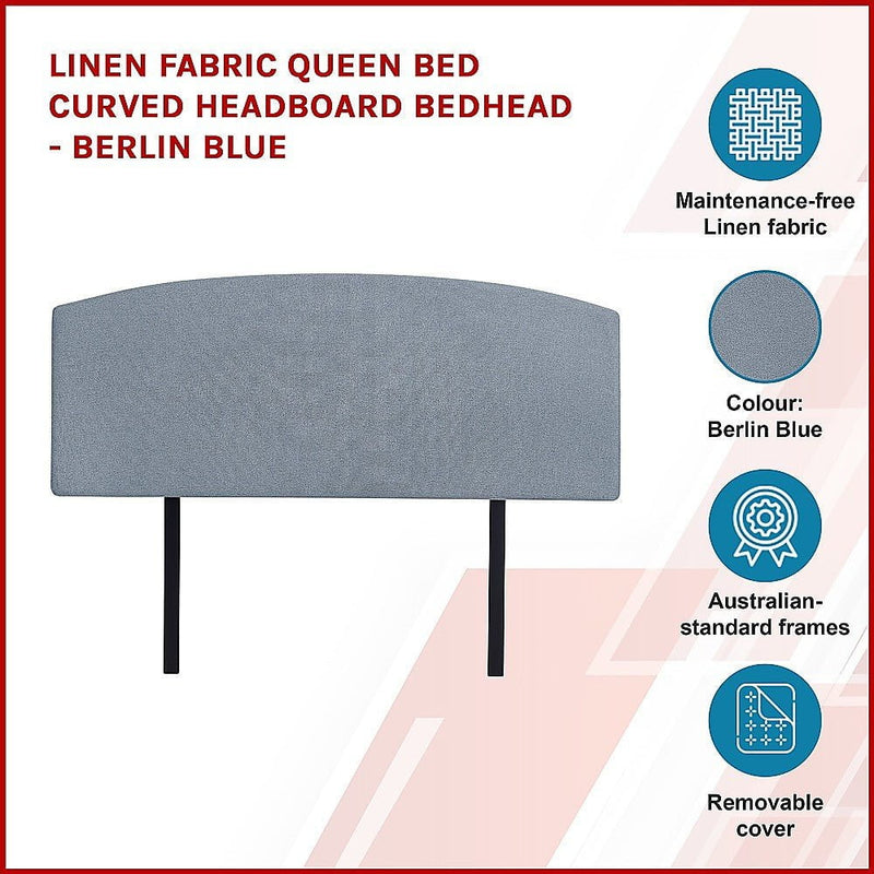 Linen Fabric Queen Bed Curved Headboard Bedhead - Berlin Blue Payday Deals